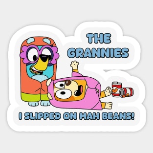 Cute Bluey The Grannies I Slipped On Mah Beans Vintage Cartoon Sticker